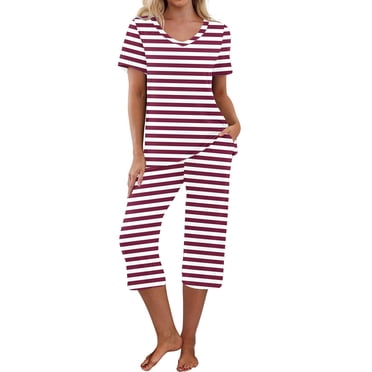 Tnhcen Ensemble de Pyjama en Coton 2 Pcs pour Femmes Été Hauts Col en V avec Pantalons Capri Vêtements de Nuit Ensemble de Maison P-2TG
