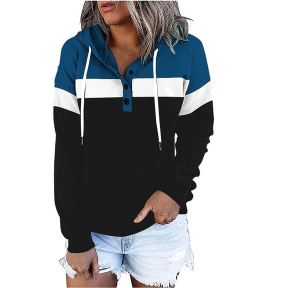 Olyvenn Womens Teen Girls Trendy Gifts for Womens Fall Fashion 2023 Drawstring Hooded Sweatshirts Oversized T Shirts Long Sleeve Shirts Striped Patchwork Pullover Button up Tops Blue 4
