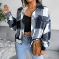 thumbnail image 4 of Defitshape Women's Long Sleeve Plaid Shirt Jacket Soft Flannel Fall Crop Top Vintage Fashion Casual Loose Short Button Down Shacket Navy Small, 4 of 5