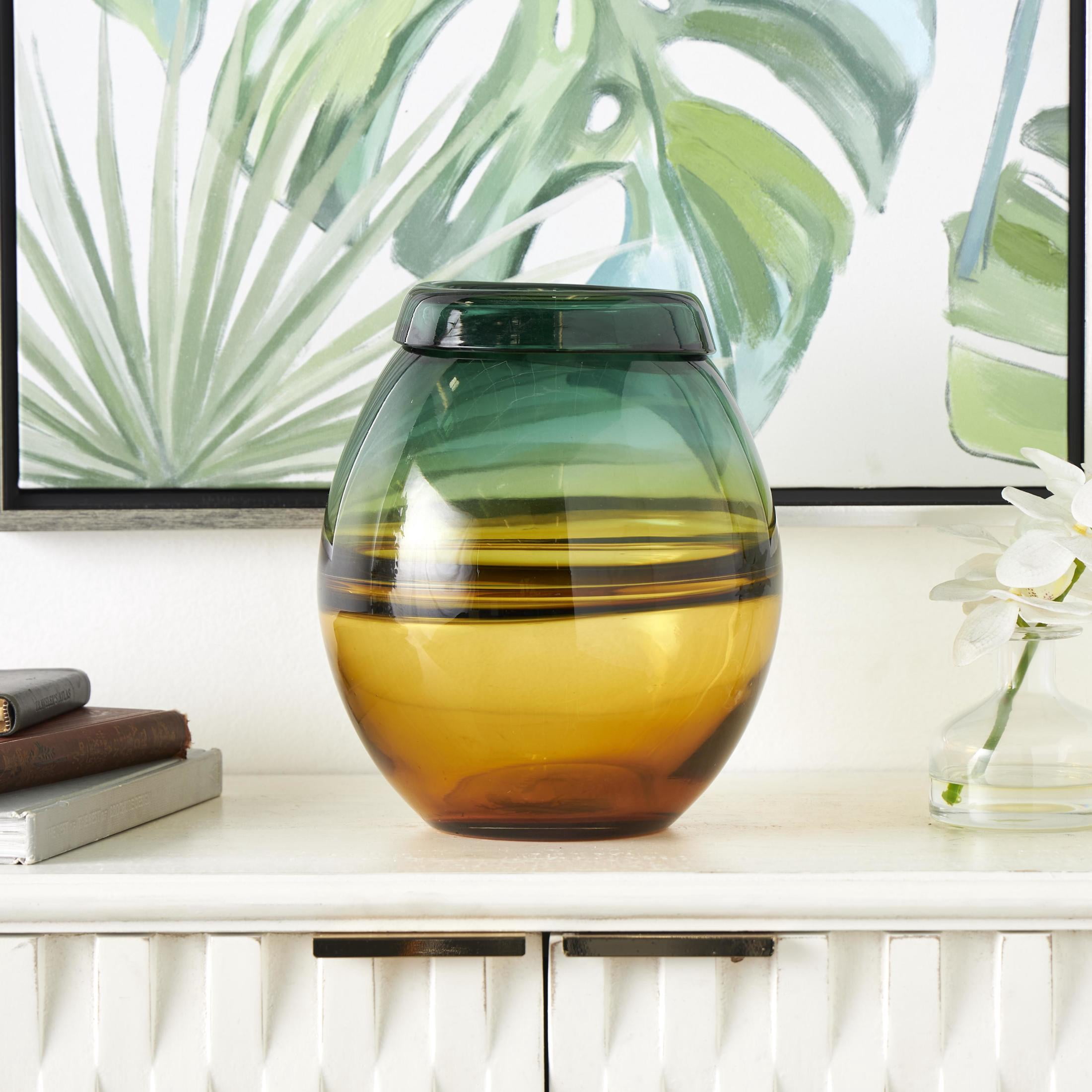 DecMode 11" Handmade Ombre Green Glass Vase with Yellow Base