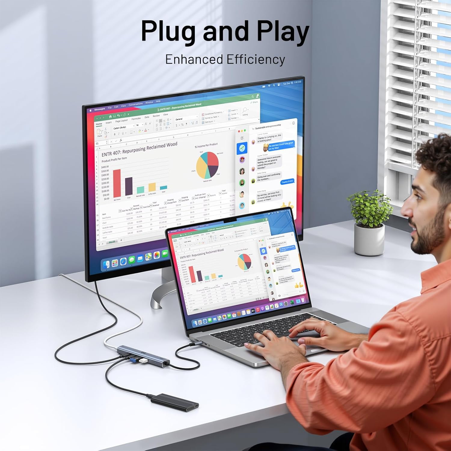 10Gbps USB C Hub with 4K@60Hz Video Display, Selore 5 Ports USB C Splitter 100W PD Charging, C Port Data Transfer, Dongle Multiport Adapter for MacBook Pro, iPad, Dell, HP, and More
