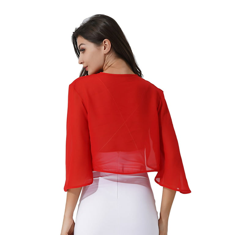 Summer Solid Chiffon Shirts Capes Women Half Sleeve Shrug Open Front Bolero  Tops Cardigan Elegant Female Clothes(Wine Red,L) 