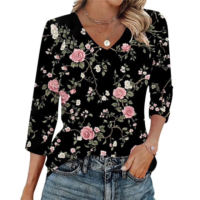 Ounisa T-Shirts à Manches 3/4 pour Femmes Col en V Manches Raglan Chandail Imprimé Décontracté Tendance Printemps Été Mode Hauts P-2TG