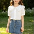 thumbnail image 2 of Odeerbi Camisa de Vestido de Algodón de Las Niñas Flor Bordado de Manga Corta Uniforme de La Escuela Con Bolsillo, 2 of 9