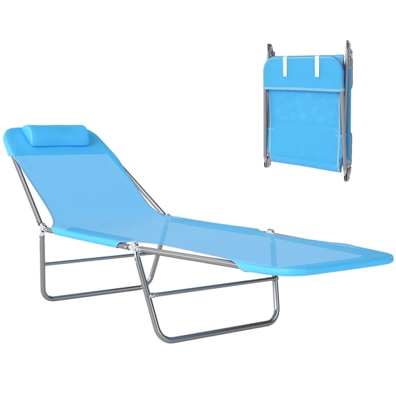Sun Lounger, Folding Beach Chair with Adjustable Backrest and Headrest Pillow, Breathable Mesh Fabric and Powder-Coated Steel Frame, 22" x 72" x 11", Blue for Pool, Garden, and Camping