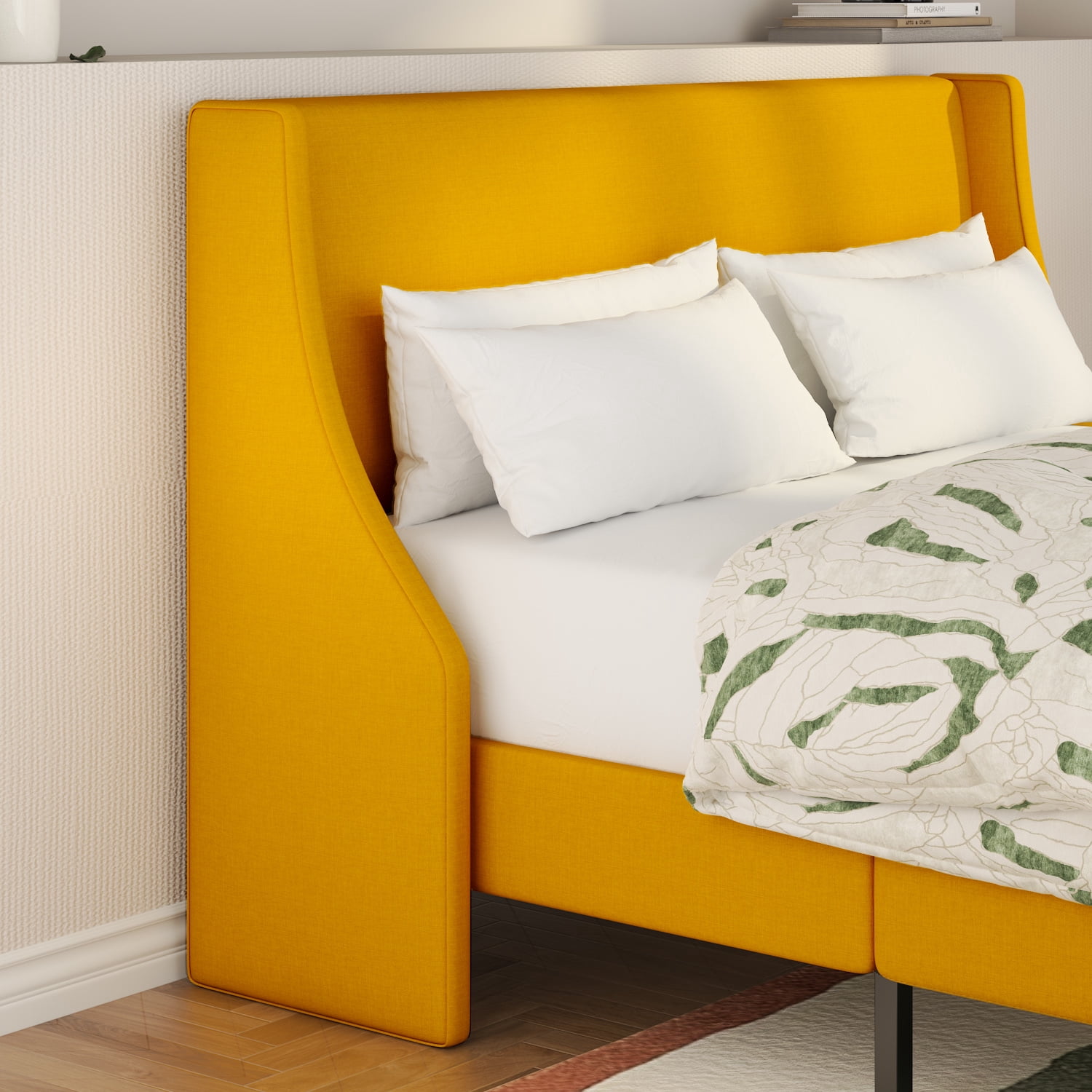 SHA CERLIN Queen Size Upholstered Platform Bed Frame with Wingback Headboard, Yellow, Adults