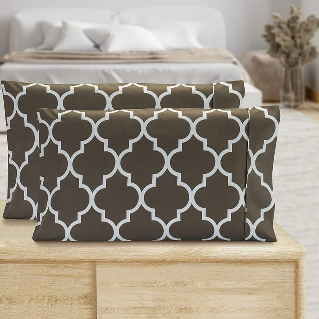 Mocassi Pattern Printed Pillowcases 2-Piece Set Egyptian Quality 1500 Thread Count Timeless Classic Designs Soft and Smooth Weave, Wrinkle Resistant, Quatrefoil Queen Pillowcase, Gray