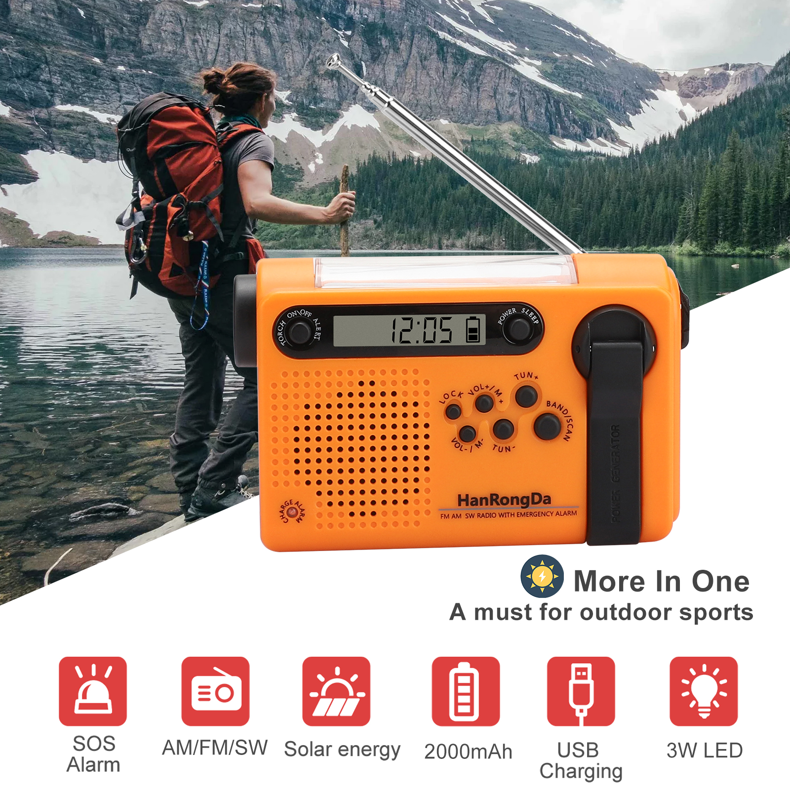 NOAA Weather Radio, Emergency Solar Hand Crank Radio with 2000mAh Power Bank, FM/AM Transistor Radio with SOS Alarm, LED Flashlight, LCD Display, Cell Phone Charger for Camping Hiking Traveling