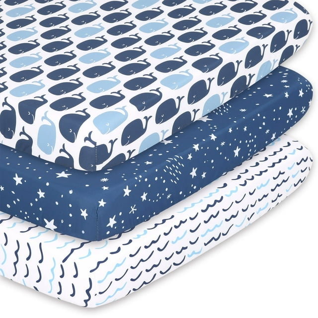 The Peanutshell Pack n Play, Sábanas Ajustables para Minicuna, Cuna Portátil para Bebé Niño, Juego de 3 Piezas, Estampado Náutico Azul Marino, Blanco y Azu