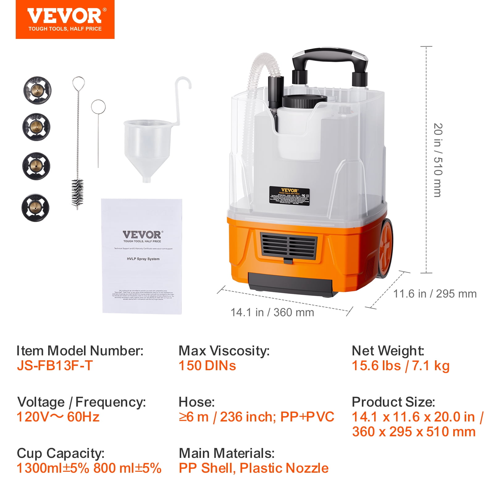 BENTISM Paint Sprayer, 1300W 150Din HVLP Electric Spray Paint Gun with 19.68ft Air Hose, 1300ML& 800ML Containers, 5 Nozzles, Paint Sprayer for House Painting Home Interior & Exterior Walls, Ceiling