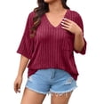 thumbnail image 4 of vdgthytj Womens Plus Size Tops Short Sleeve V-Neck Ribbed Knit Sweater Loose Fitted Summer Casual Tunic with Pocket, 4 of 7