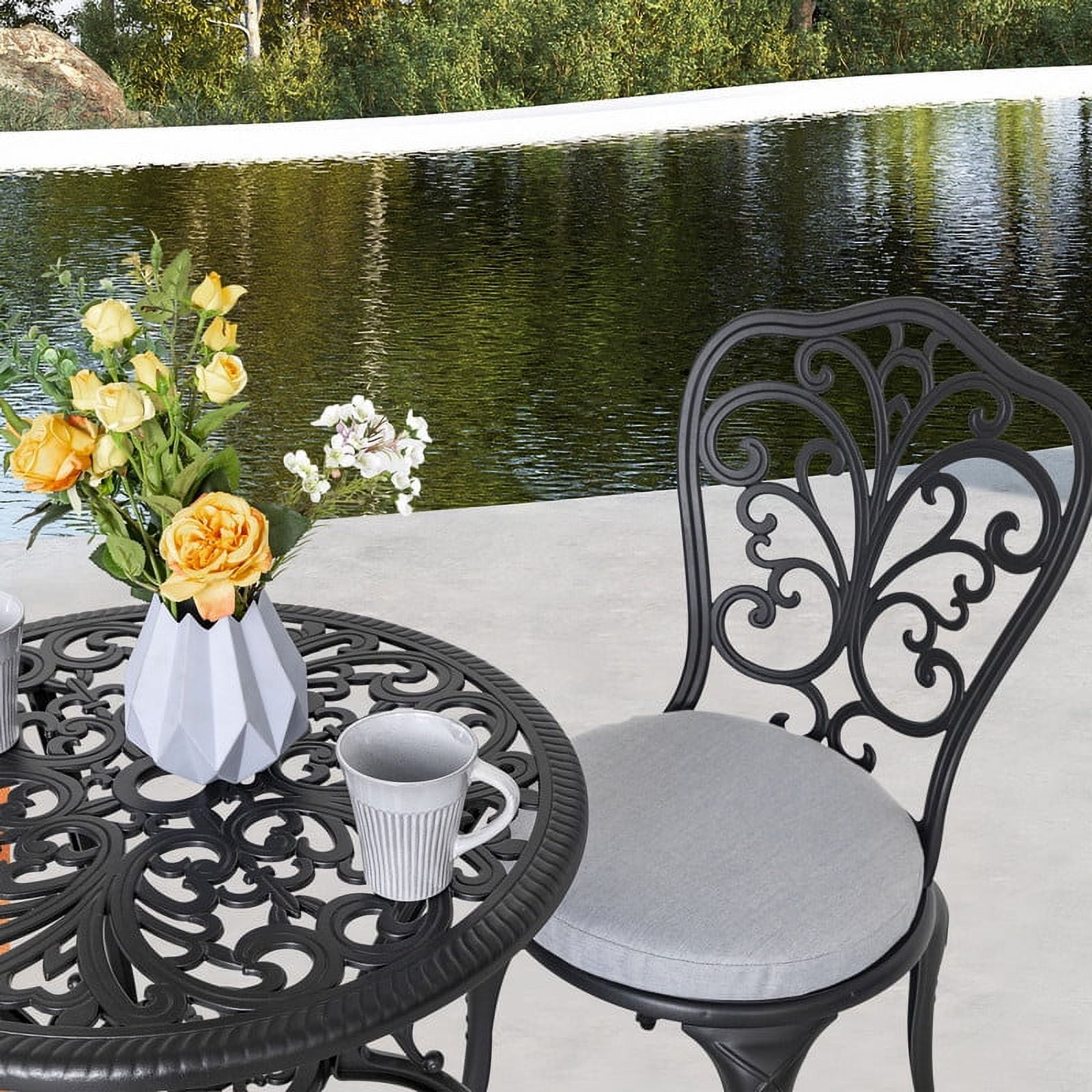 Nuu Garden 3-Piece Outdoor Bistro Set with 1.4'' Thick Cushions, Round 24 Inch Cast Aluminum Round Table with 1.77'' Umbrella Hole and 2 Cast Aluminum Armless Chairs, Black