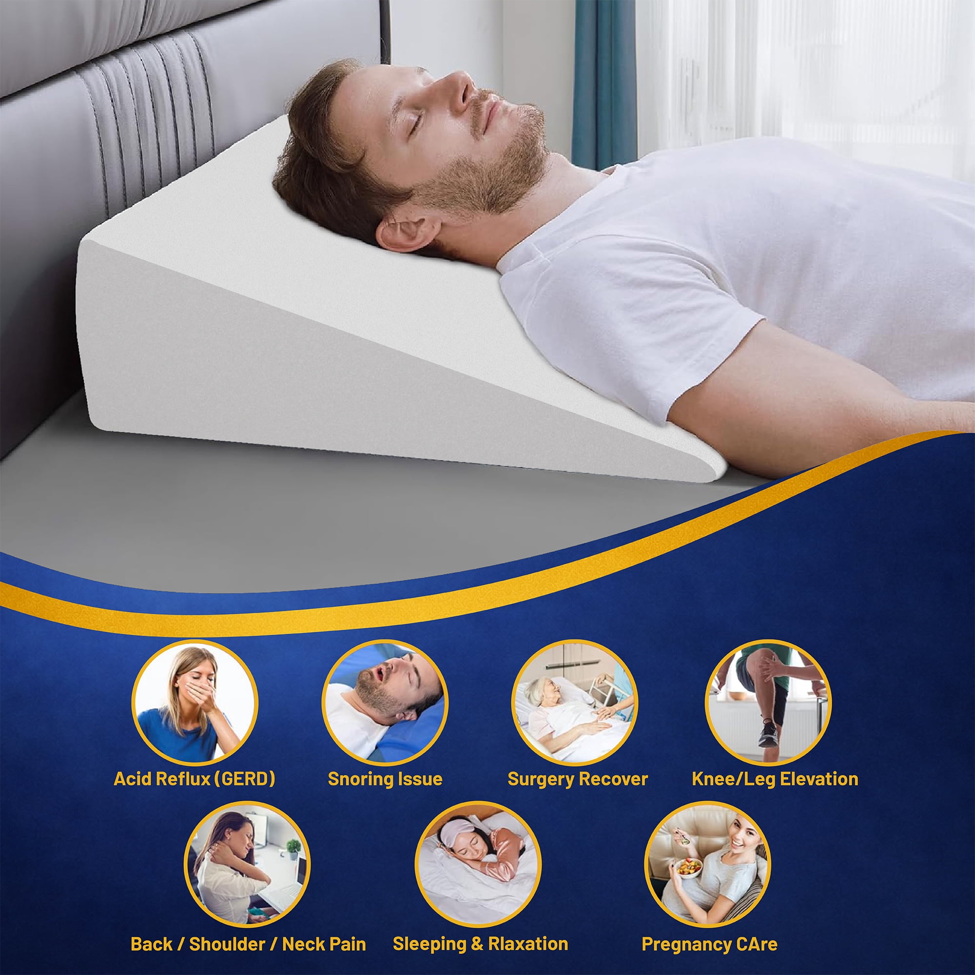 Continental Sleep, Elevated Bed Wedge Pillow for Back Support, Acid Reflux, Leg, Neck Pain, Snoring, Triangle Pillow, Incline Shape for Improved Sleep, 12”x 24”x 24”, White