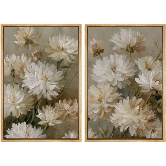 Framed Canvas Print Wall Art Set of 2 Soft White Florals Botanical Vintage Art for Living Room, Bedroom, Office - 16"x24"x2 NATURAL