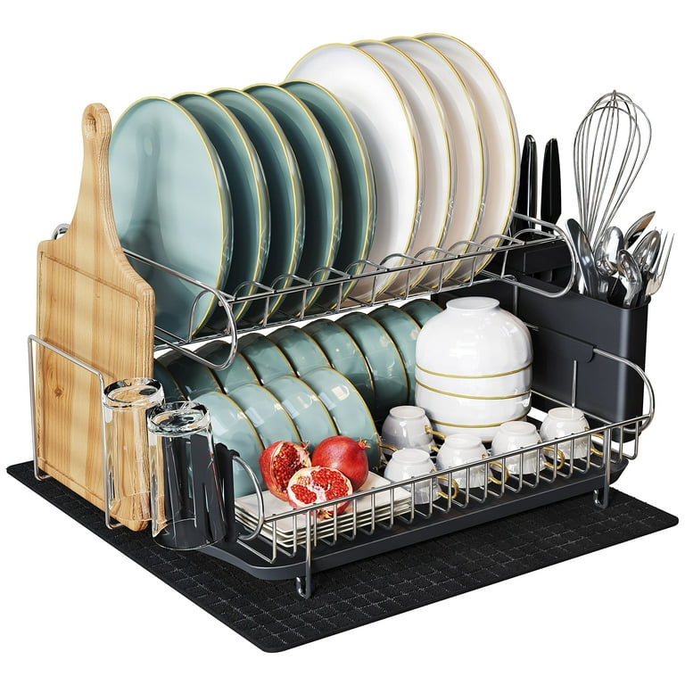 Large Dish Drying Rack with Drainboard Set, Danhaei 304 Stainless Steel 2  Tier Dish Racks with Drainage for Kitchen Counter, Dish Drainer with  Utensil Holder and Drying Mat 