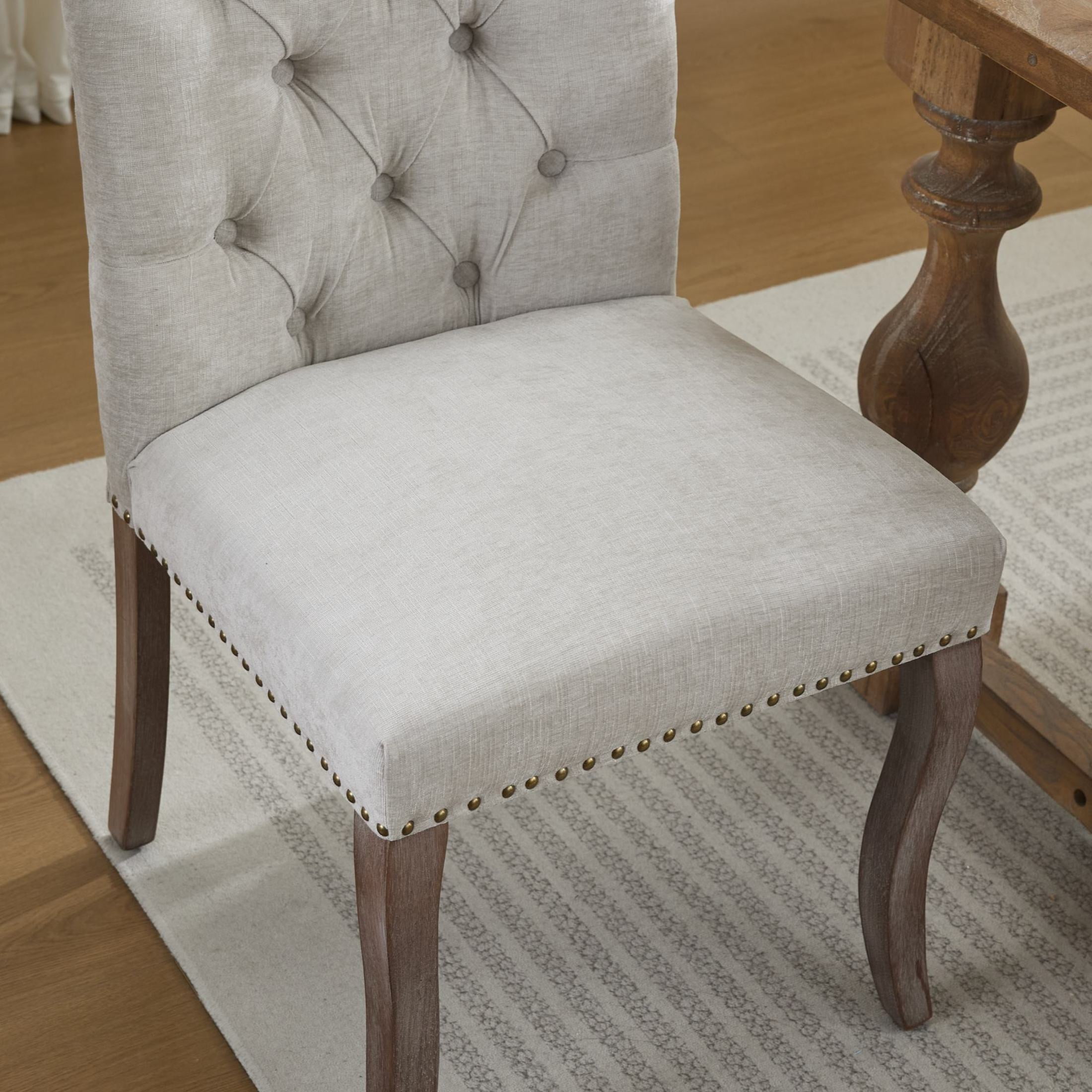Noble House Set of 2 Tufted Chenille Upholstered Dining Chairs, Curved Solid Wood Legs, Beige