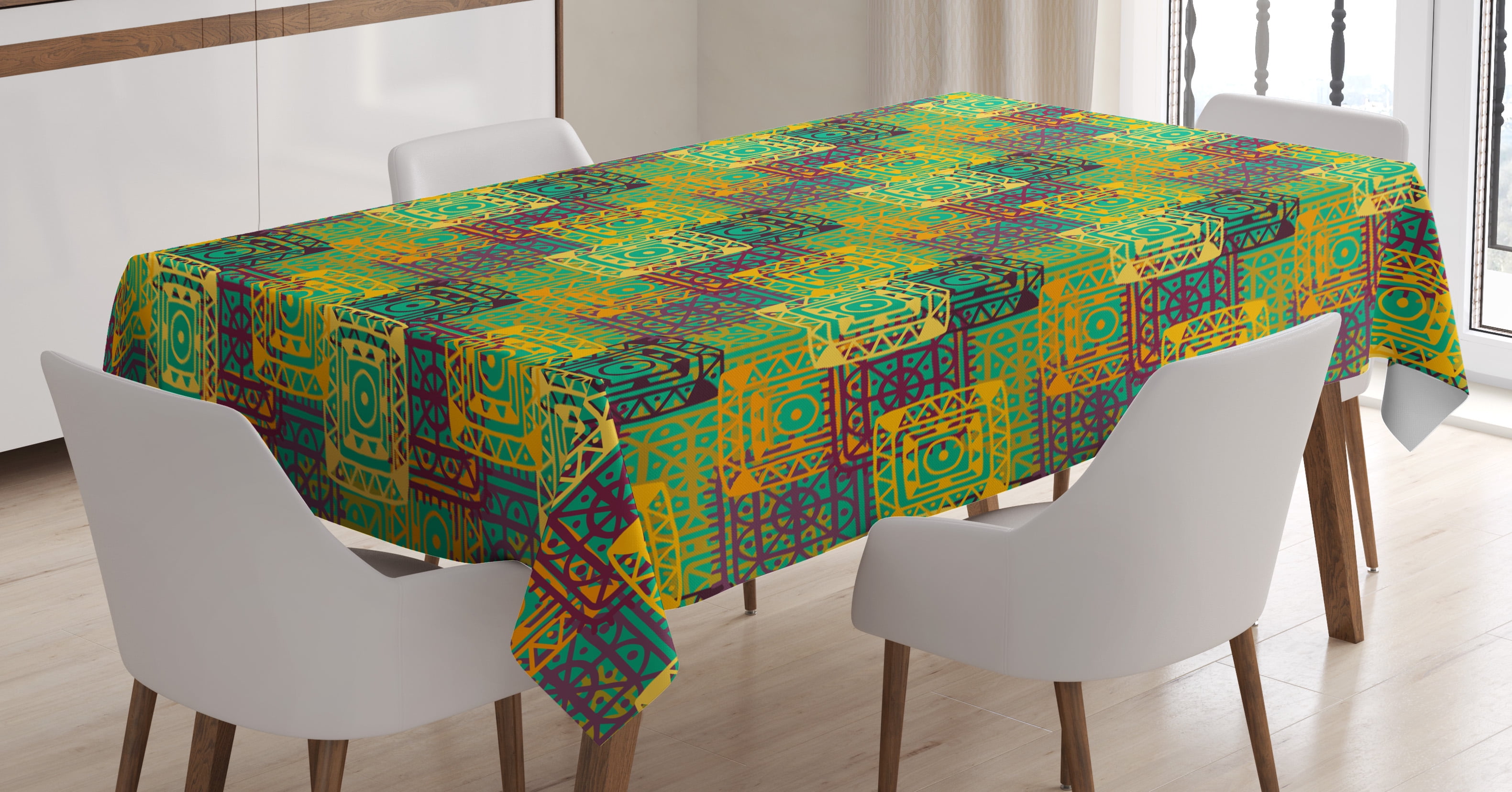 Ethnic Tablecloth, Aztec Pattern with Geometric Colorful Trippy Forms