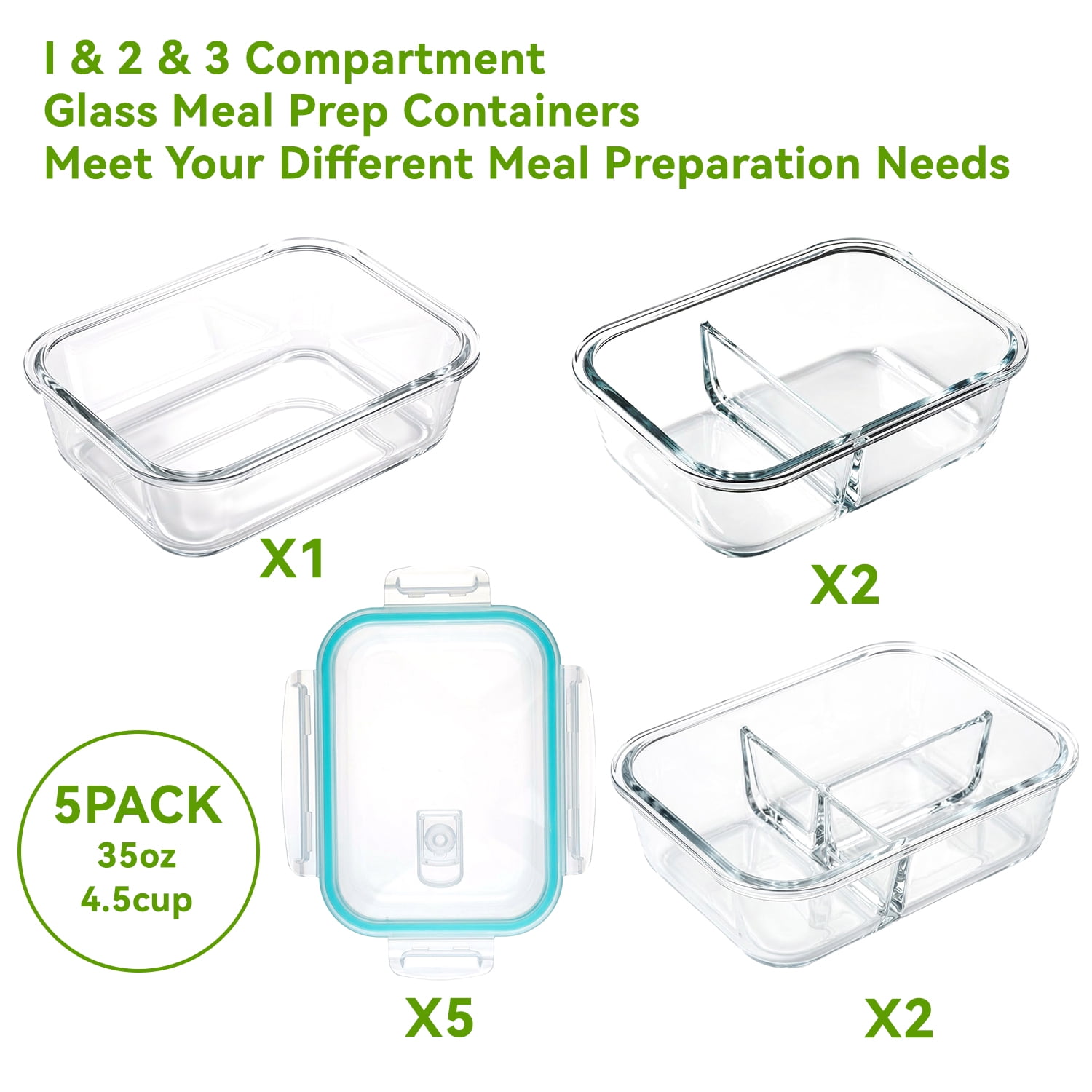 5 Pack 36oz Glass Meal Prep Containers with Lids, 1&2&3 Compartment Airtight Glass Food Storage, Microwave & Dishwasher Safe, Blue