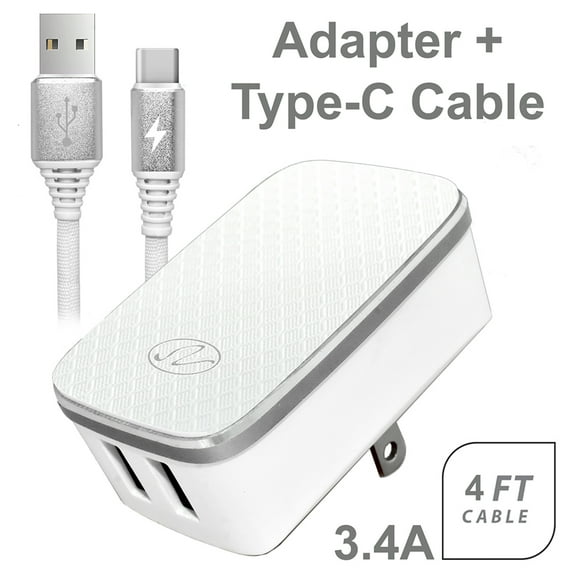 3.4A 2in1 Universal Dual USB Port Travel Wall Charger Adapter With Type-C USB Cable - White