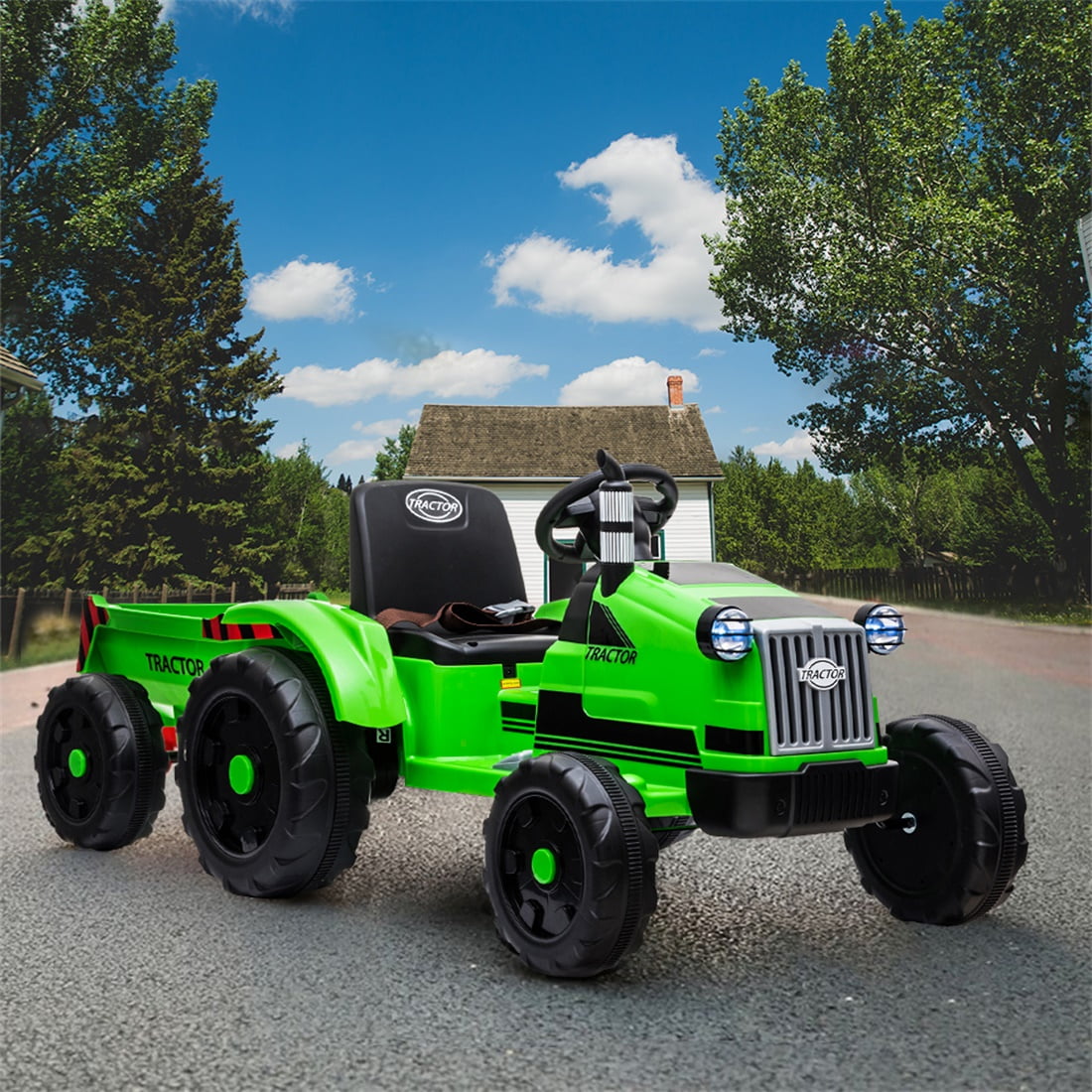 Ride on Tractor, Battery-Powered Toy Tractor with Trailer, 3-Gear-Shift Ground Loader Ride On with LED Lights and USB&Bluetooth, Green Ride on Tractor, Battery-Powered Toy Tractor with Trailer, 3-Gear-Shift Ground Loader Ride On with LED Lights and USB&Bluetooth, Green