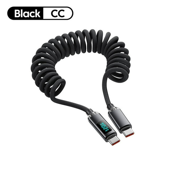 120W Digital Display Car Spring PD Cable Retractable USB C to Type C Super Fast Charging Cable For iPhone Samsung Huawei Xiaomi