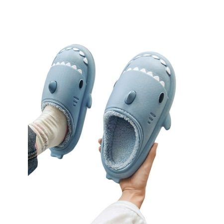 

Pudcoco Couple Matching House Slippers Nonslip Shark Plush Warm Slippers with Thick Sole