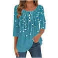 thumbnail image 2 of Dasayo 3/4 Sleeve Women Tops Summer Blue Smocked Buttons Crewneck Graphic Prints Blouses Women's Blouses and T Shirts M, 2 of 5