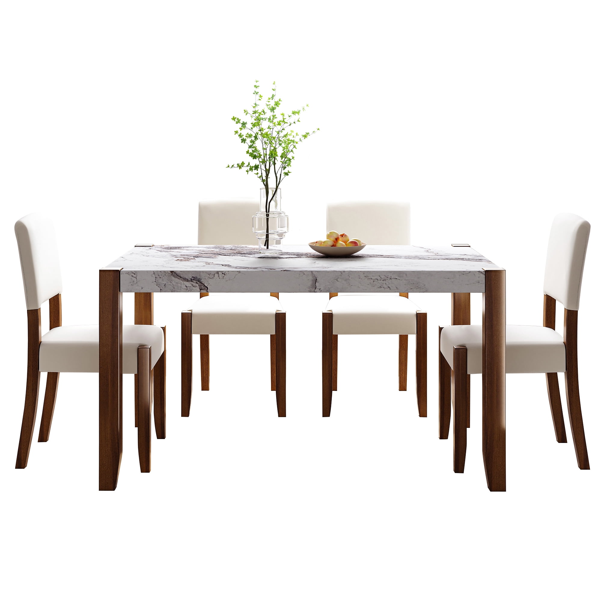 Euroco 5-Piece Dining Table Set for 4, 46" Faux Marble Kitchen Table with 4 Upholstered Chairs and Solid Wood Frame,Modern Kitchen Table Set for Home Living Dining Room, Beige
