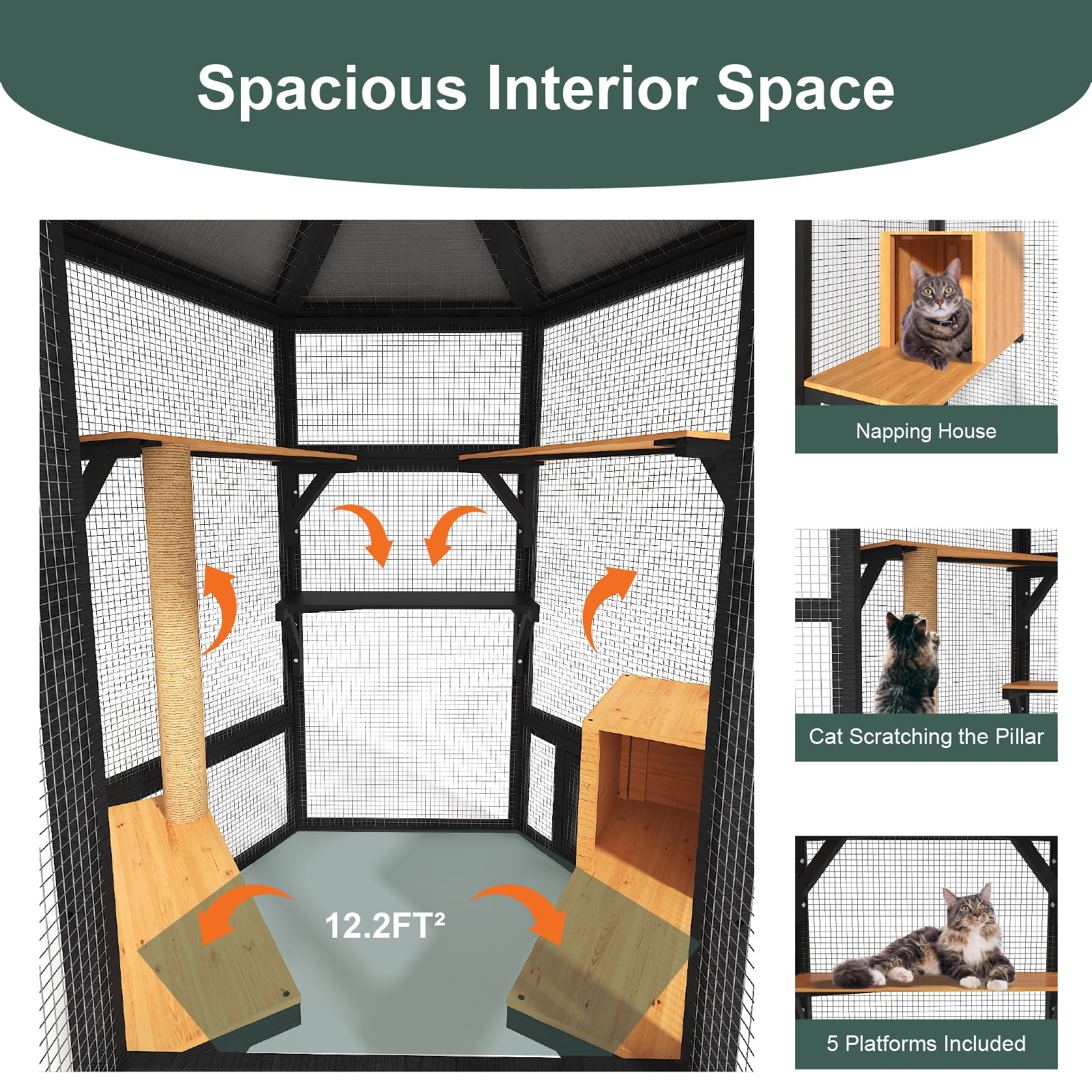 TIMHAKA 65" Catio Outdoor Cat Enclosure, Large Cat House w/ Waterproof Roof, Window Access, Multiple Platforms & Scratching Post for Multi-Cat Use, Black & Yellow