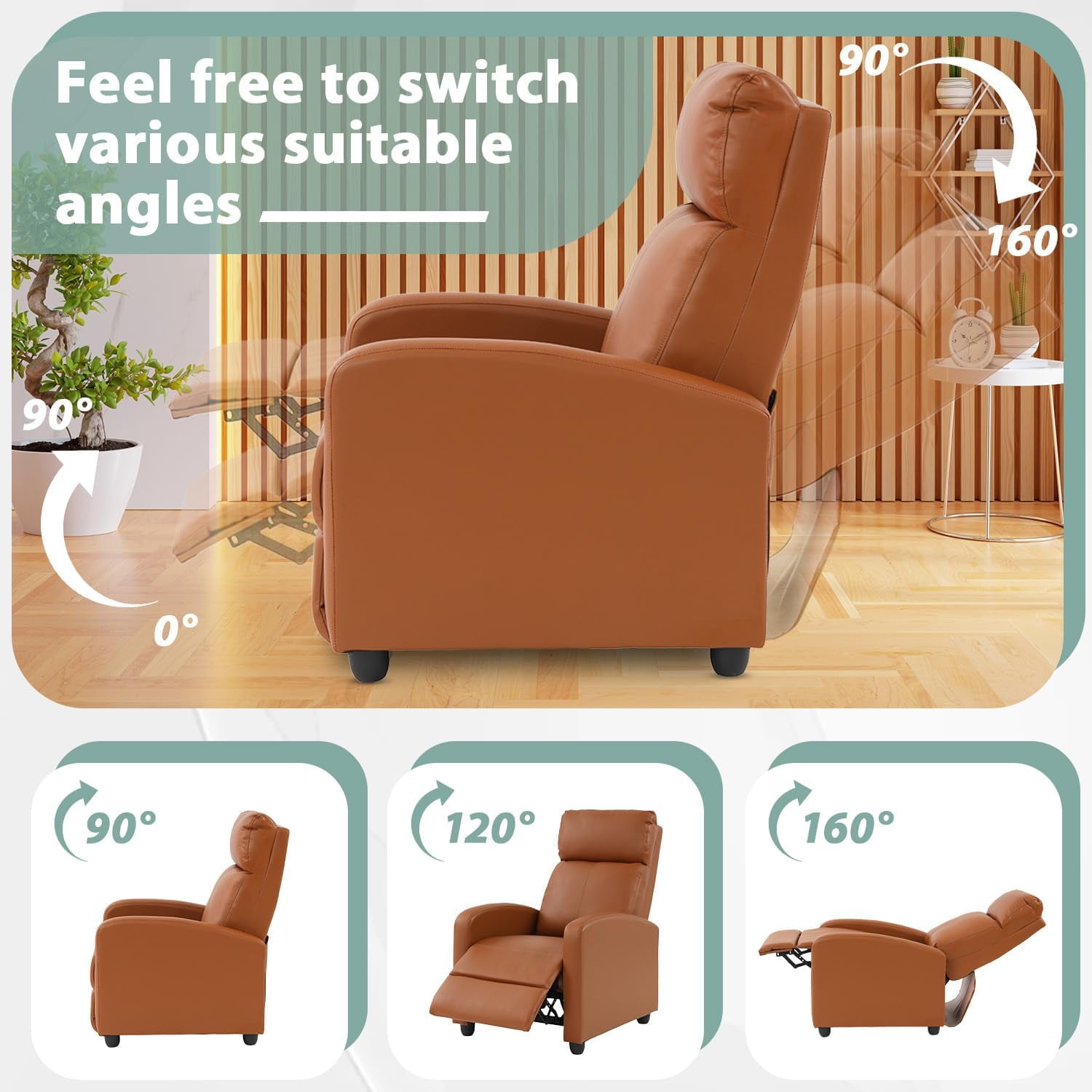 Recliner Chair Padded Seat Pu Leather Reclining Chairs for Living Room Adjustable Single Sofa with Footrest Home Theater Seating Modern Lazy Boy Recliner Sofa Reading Chair, Tan