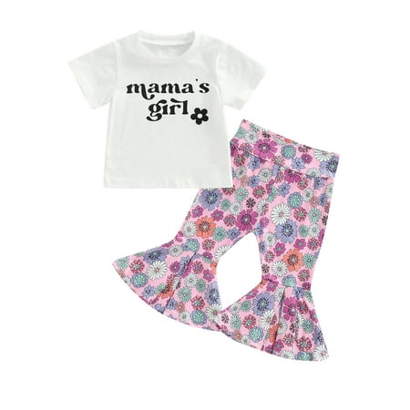 

Gwiyeopda 1-6T Girls Short Sleeve 2Pcs T-Shirt and Flowers Print Flare Pants Set