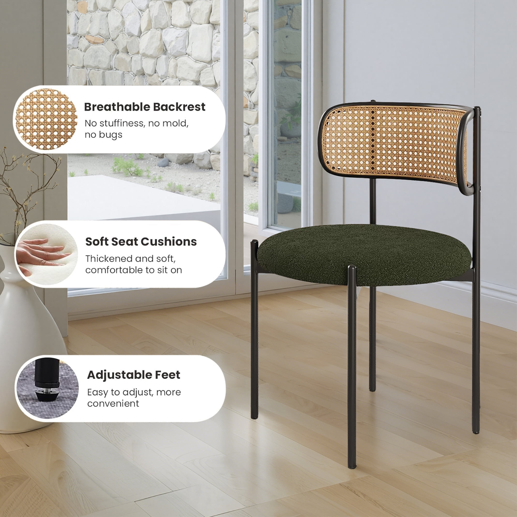 MAYEERTY 2-Pack Green Modern Upholstered Dining Chairs, Rattan Back, Metal Legs, Kitchen Accent