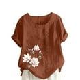 thumbnail image 2 of QUNYINEY Crew Neck Shirts for Women Floral Pullover Short Sleeve Casual Tops Button Loose Linen Summer Tops for Women, 2 of 4