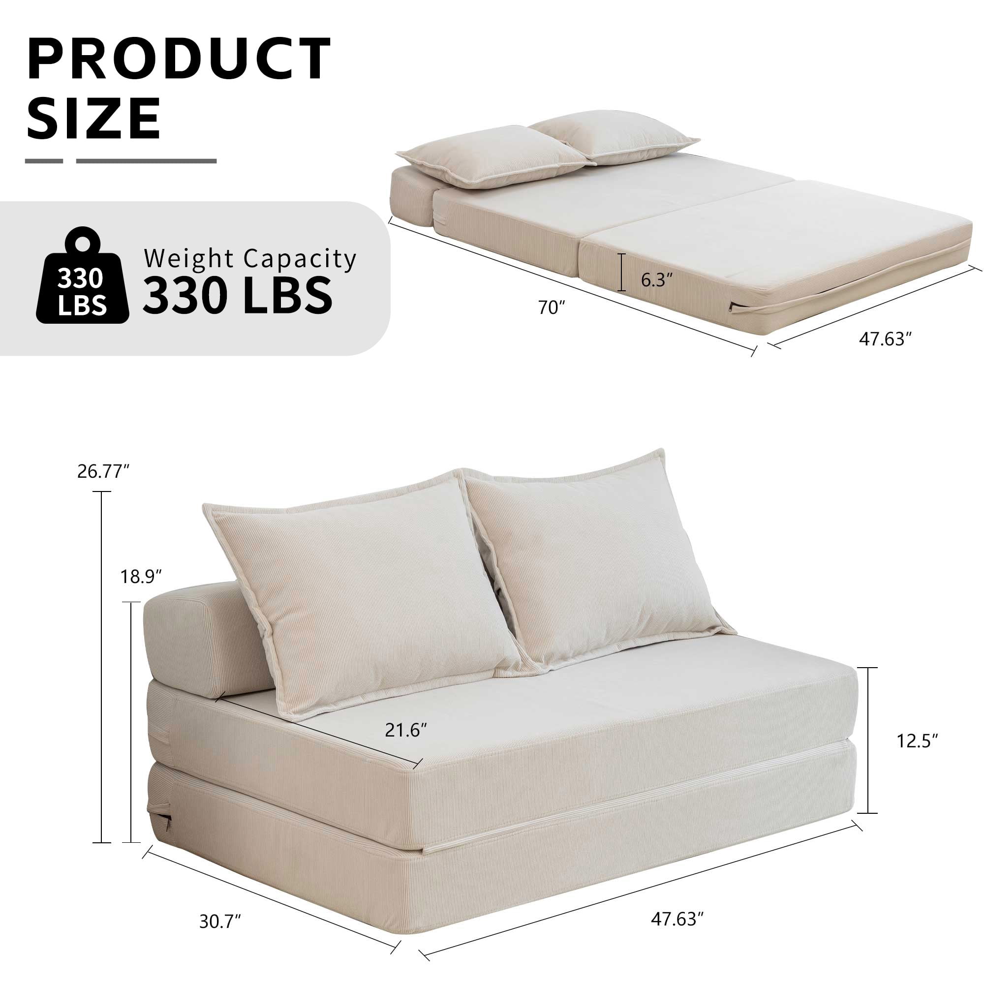 Aukfa Twin Folding Sofa Bed Sleeper Chair with Pillows, Corduroy Convertible Floor Couch Mattress for Living Room, Dorm, Guest Room, Beige