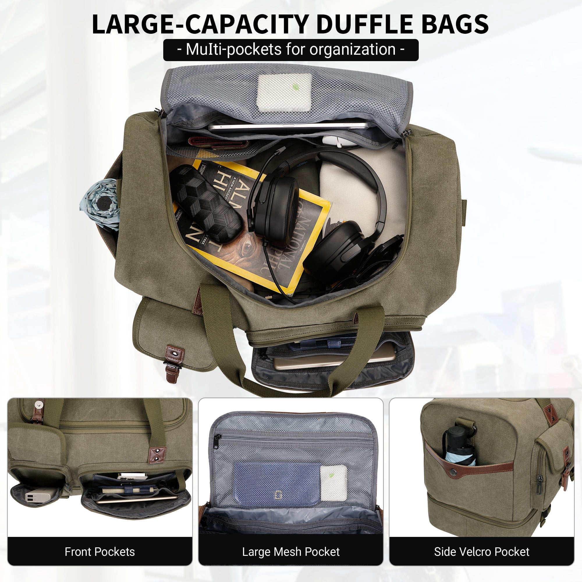 WITZMAN Canvas Weekender Bag Mens Overnight Bag for Traveling Carry on Duffle Bags with Shoes Compartment(A8010 Army Green)