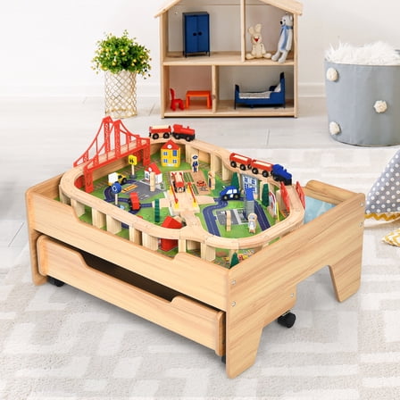 Infans Kids Wooden Train Track Railway Set Table w/100 Pieces Storage Drawer