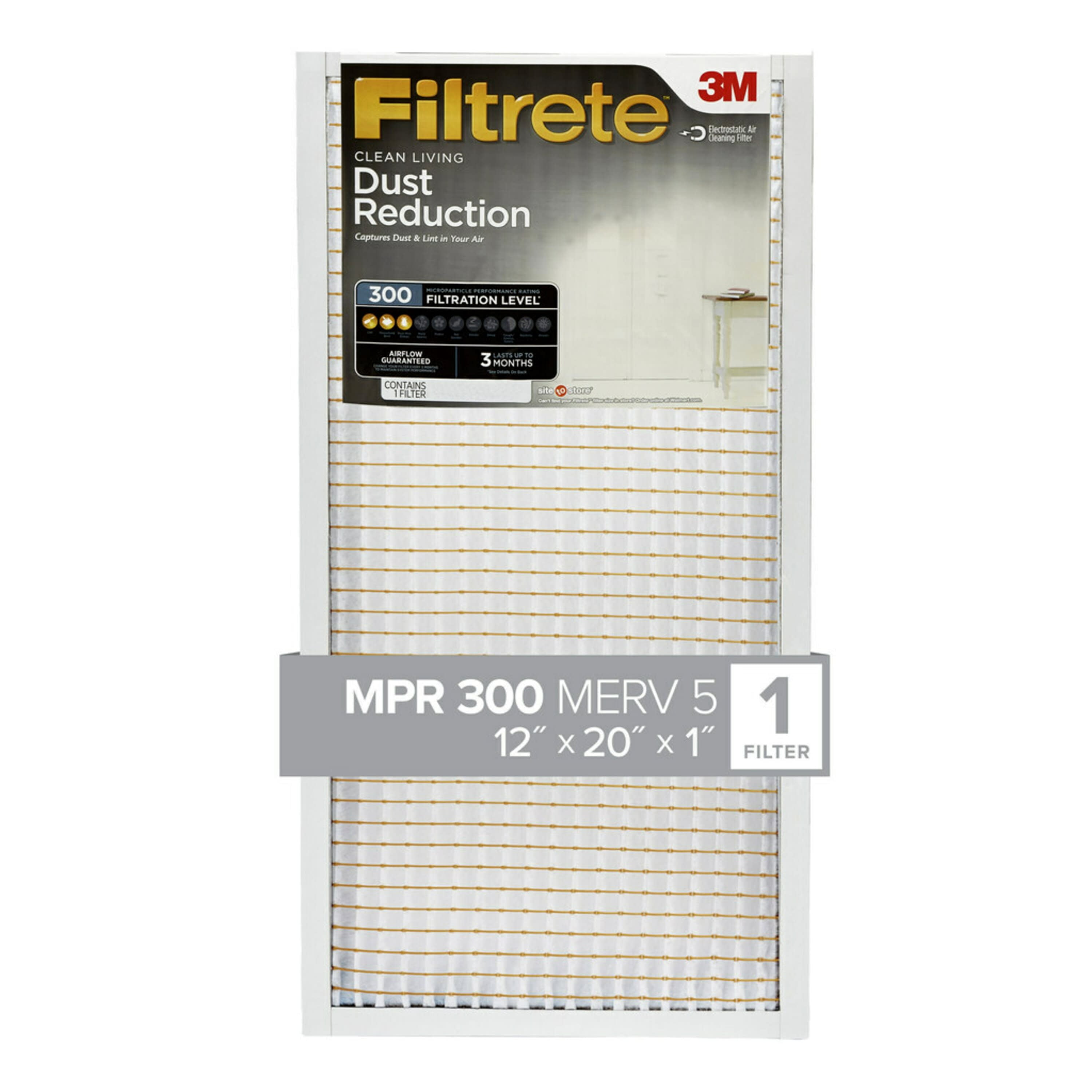 Filtrete by 3M, 12x20x1, MERV 5, Dust Reduction HVAC Furnace Air Filter, Captures Dust and Lint, 300 MPR, 1 Filter