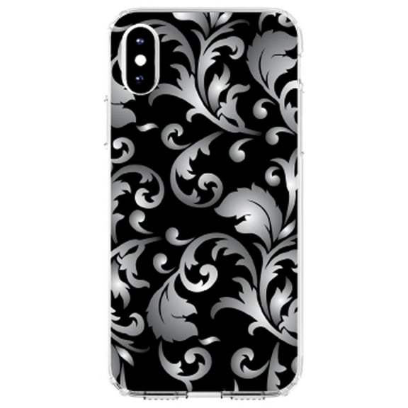 DistinctInk Clear Shockproof Hybrid Case for iPhone XS Max (6.5" Screen) - TPU Bumper, Acrylic Back, Tempered Glass Screen Protector - Silver Grey Black White Floral - Floral Damask Pattern