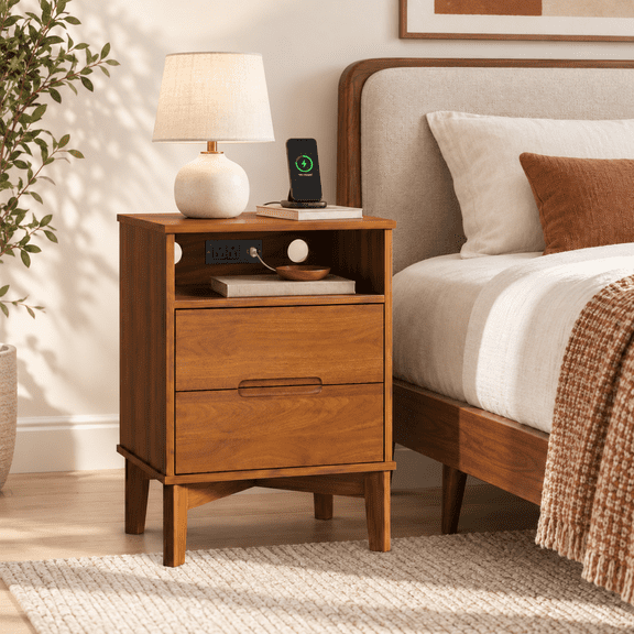 YAURA 26" Tall Nightstand with Charging Station & USB-C, Mid-Century Modern Bedside Table with 2 Drawers, Warm Acorn Wood End Table with Solid Wood Legs