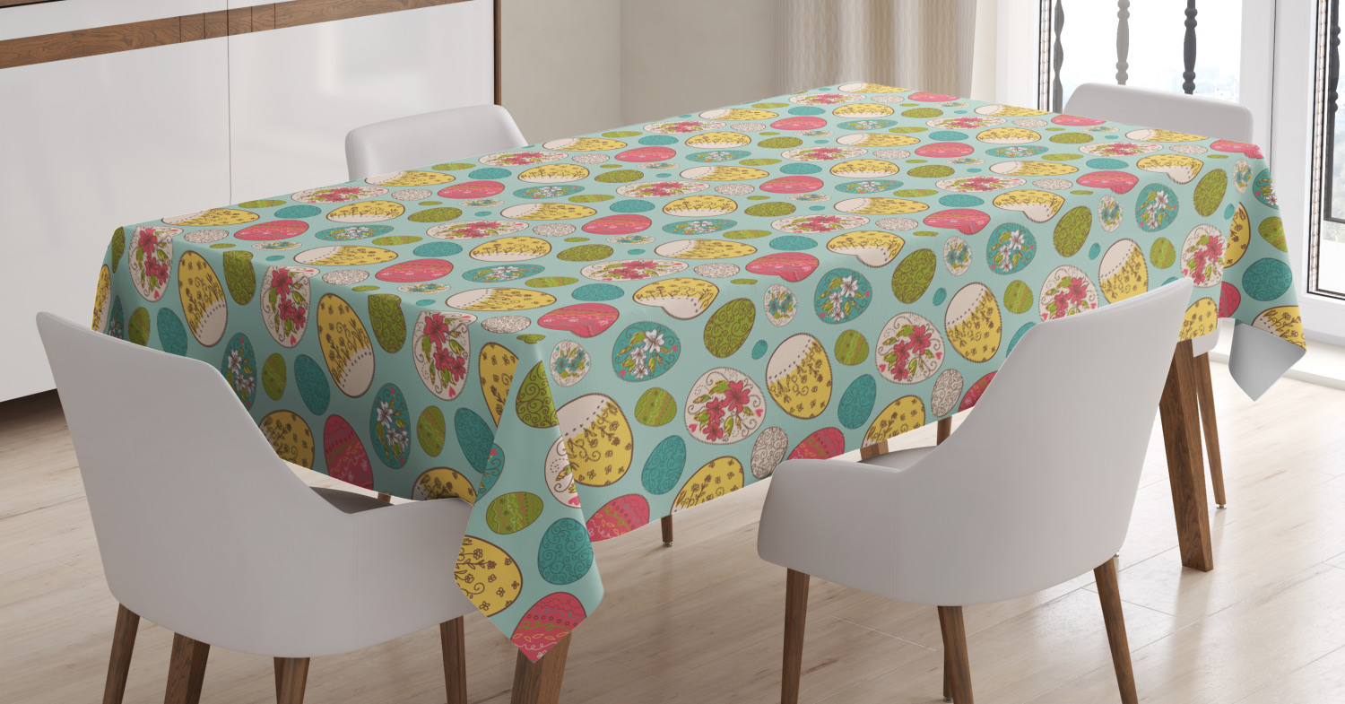 Easter Tablecloth, Festive Icons on Pale Blue Backdrop with Curly and