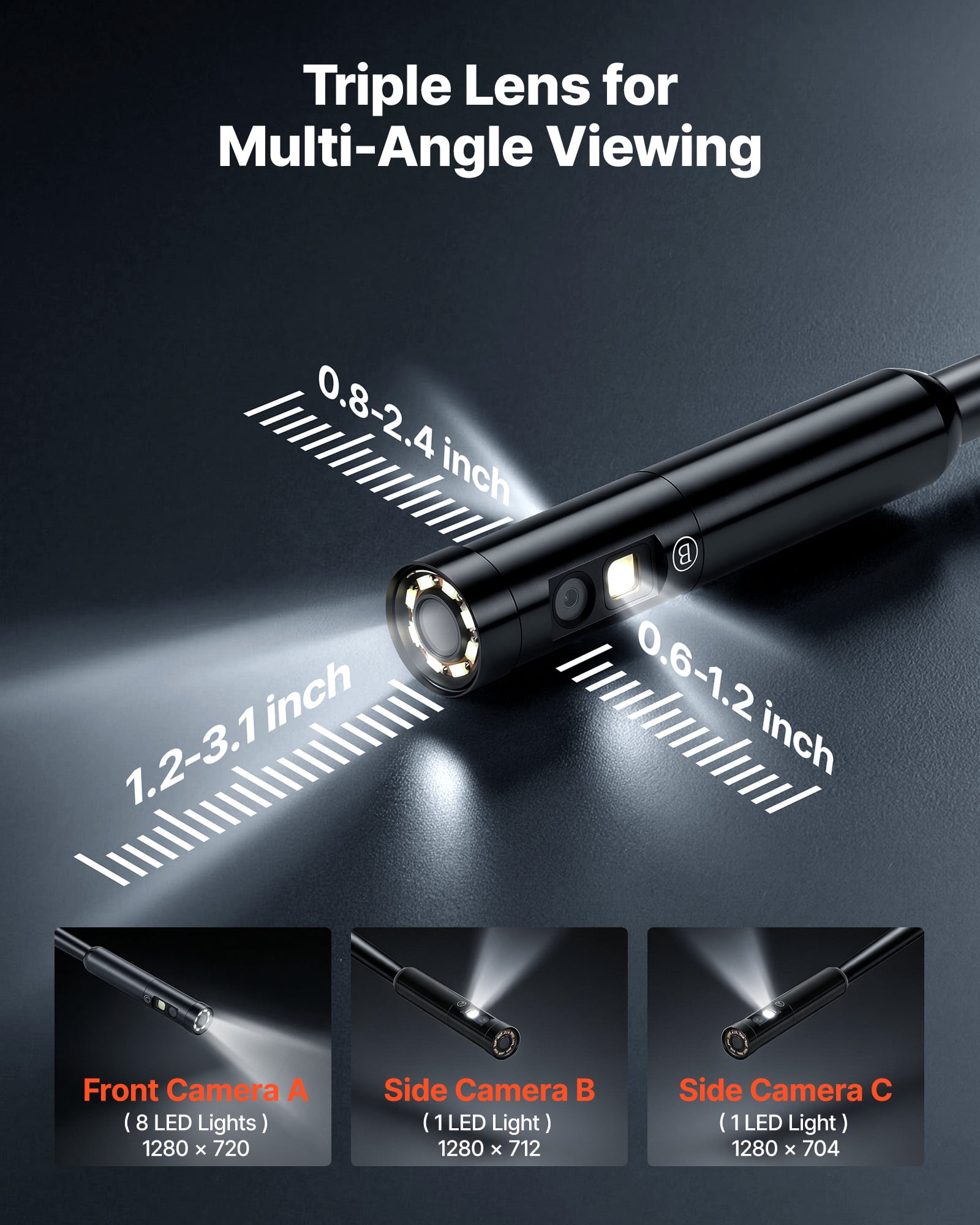 VEVOR Triple Lens Endoscope with 32.8FT Newly Ultra-Rigid Cable, Industrial Borescope with Light, 5" HD IPS Screen, 8 + 2 Lights, 8X Zoom, 5000mAh, IP67 Waterproof Snake Camera for Auto, Plumbing