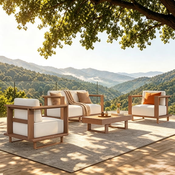 Alpha Joy 5 Pieces HDPE Patio Furniture Set with Wide Wicker Iron Seat & Thick Cushions, Brown & Beige