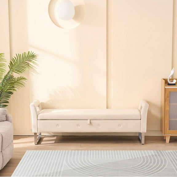Nmkwnr 67.91" Upholstered Storage Bench with Armrests, Soft Velvet Storage Ottoman for Living Room, Entryway, Bedroom, Beige