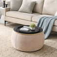 thumbnail image 3 of Modern Round Storage Ottoman with Wooden Lid, Circle Ottoman Handmade Coffee End Table & Footstool for Living Room, Pink, 3 of 9
