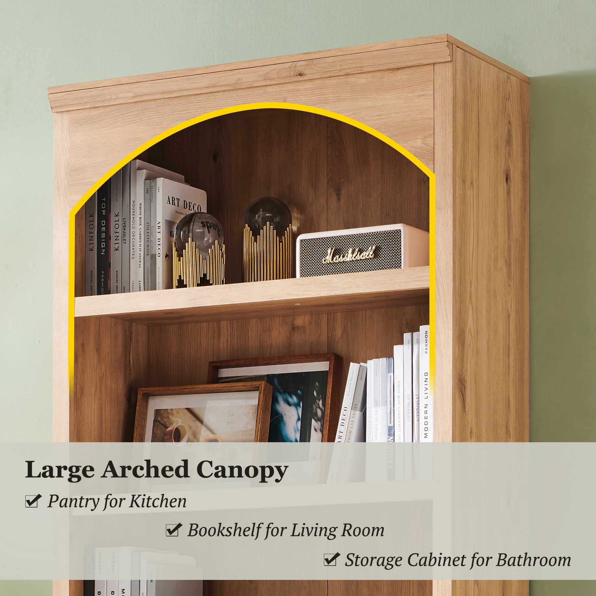 SinCiDo Tall Arched Bookcase, 5-Tier Large Bookshelf with Open Display Shelves for Living Room, Natural
