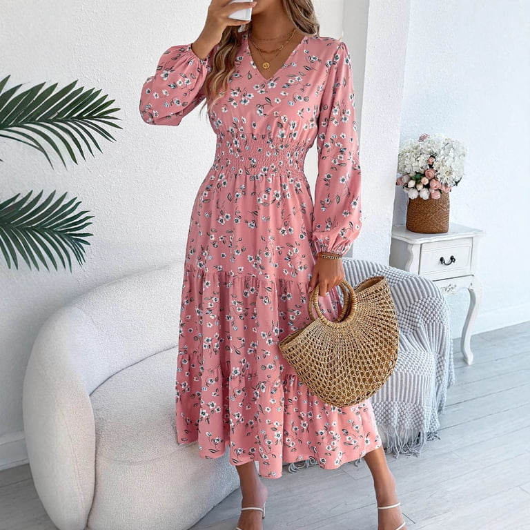Levmjia Women's Floral Autumn Dress V-Neck Long Sleeve Ruffled Polyester Casual with Elastic Waist Comfortable Vacation Office Wear Multi Color