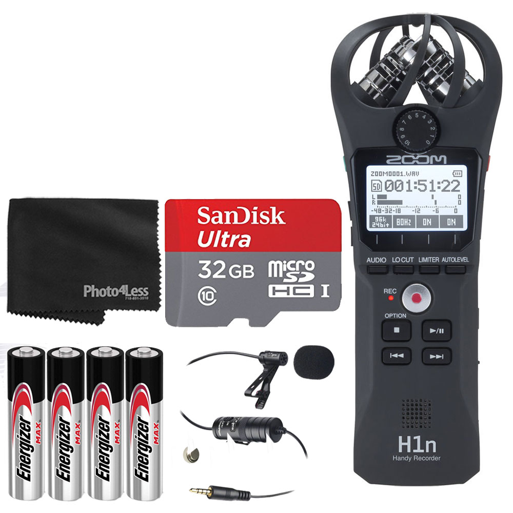 and　Microphone　32GB　Batteries　Zoom　AAA　Handy　X/Y　H1n　Adapter　Condenser　UHS-I　with　Recorder　2-Input　2-Track　microSDHC　Portable　Lavalier　4x　Onboard　Cloth　Microphone　(Black)　Card　Alkaline