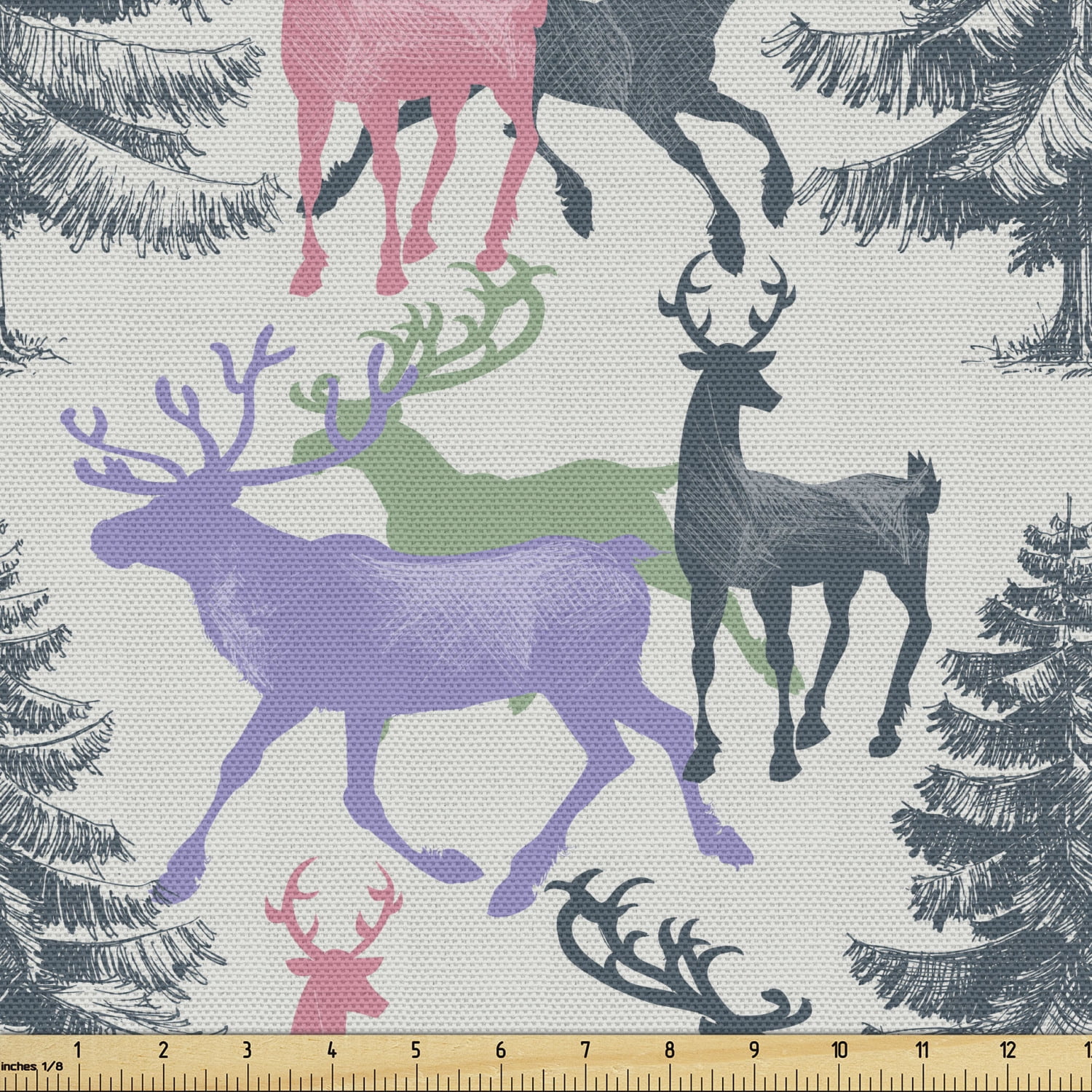 Deer Fabric by the Yard, Pine Trees with Animals Antlers Winter Season