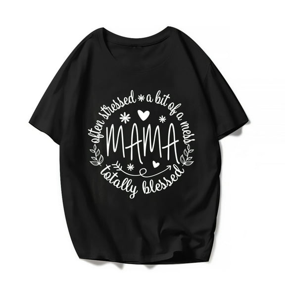 Tops For Women Cute Letter Blessed Mom T-Shirt Mama Mother's Day Graphics Funny Casual Short sleeve Shirts Gift Tee Black Small