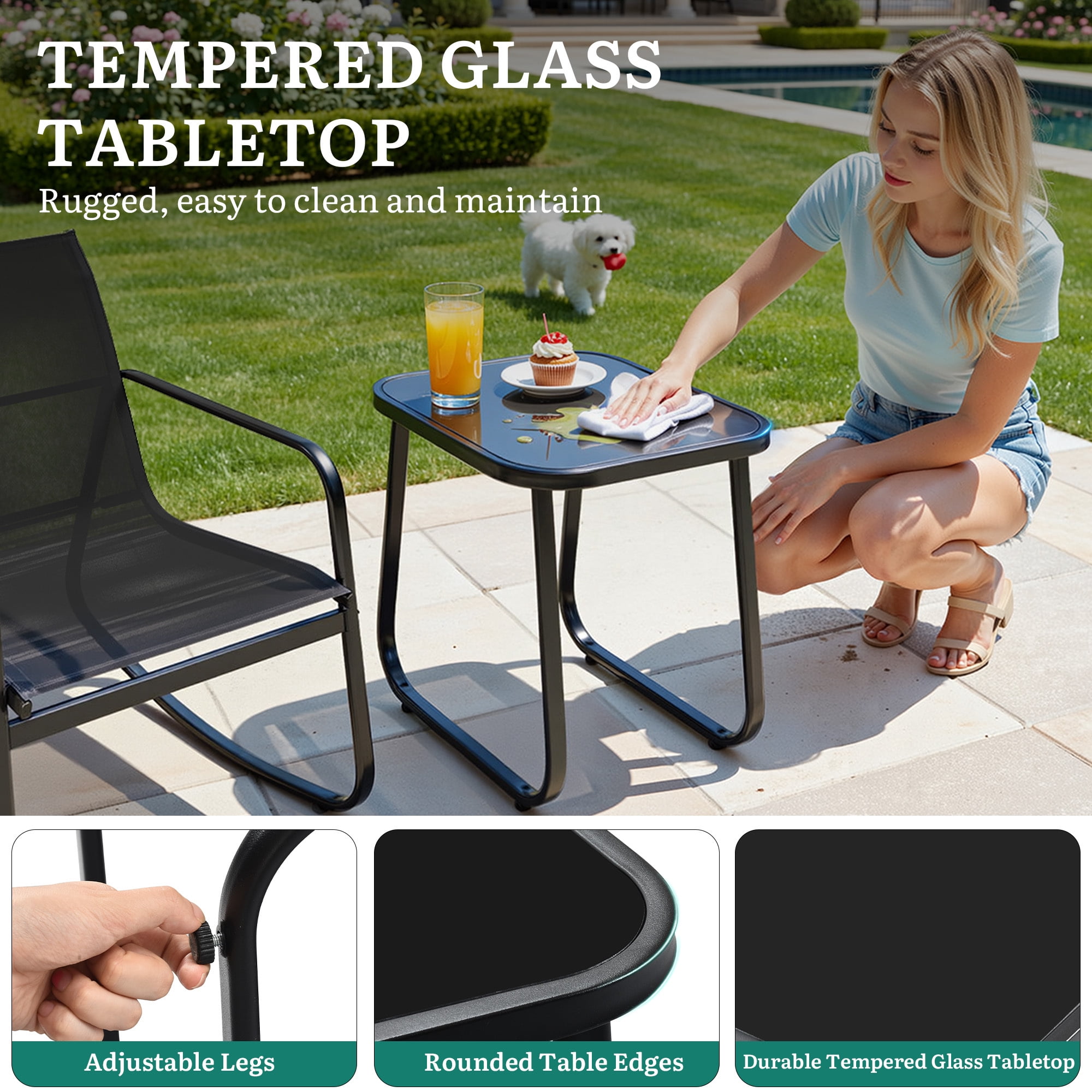 Uforic 3-Piece Outdoor Patio Bistro Set, Textilene Rocking Chairs with Coffee Table, All Weather Outdoor Furniture for Backyard Garden Balcony Poolside, Black